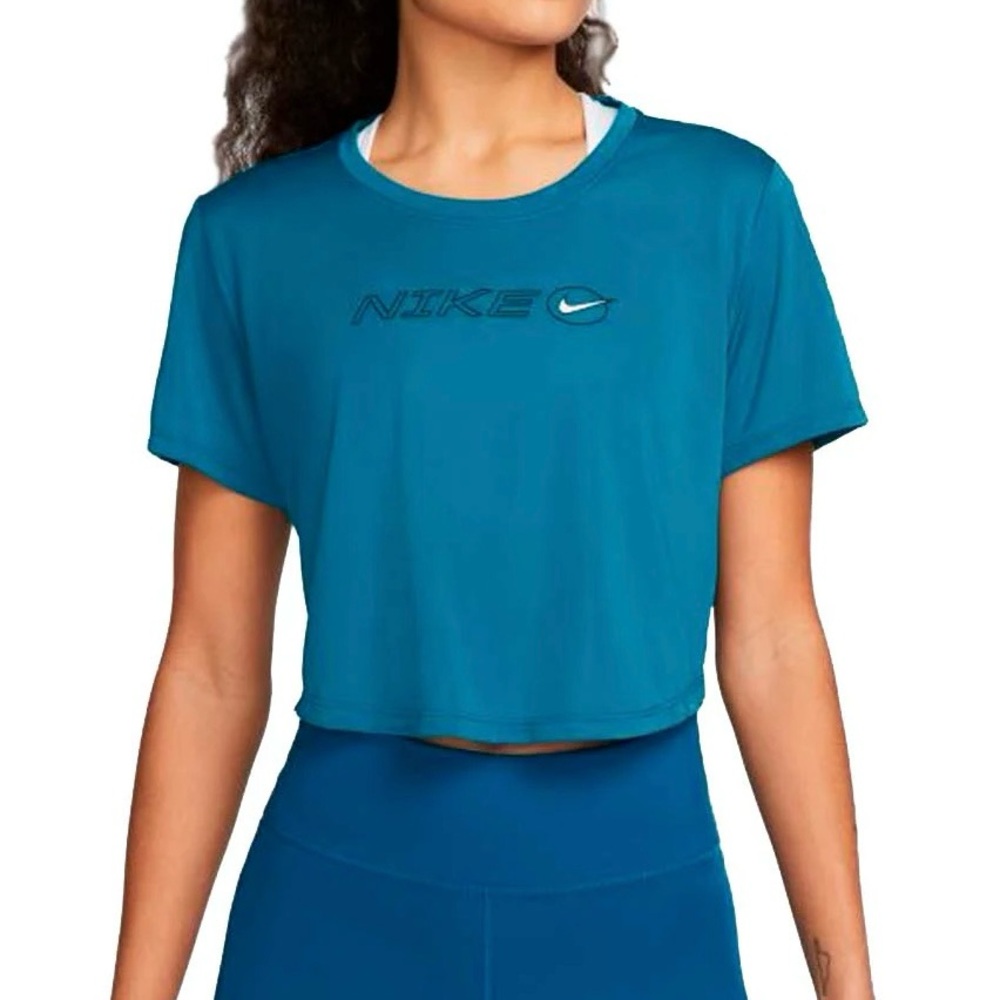 NIKE Teal Blue Dri-Fit One Icon Clash Cropped Short Sleeve T-Shirt Top‎ Size L - Picture 12 of 13